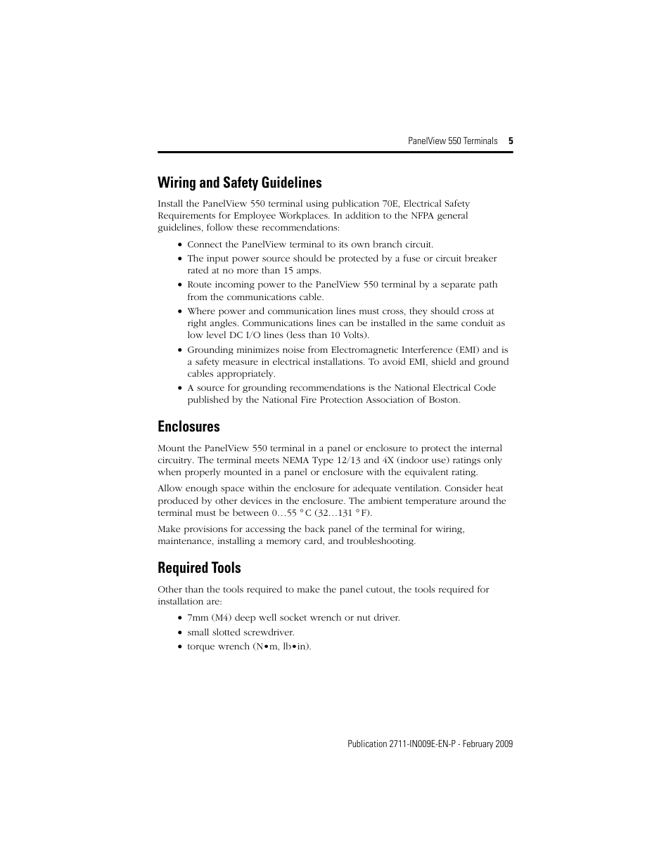Wiring and safety guidelines, Enclosures, Required tools | Rockwell Automation 2711-K5Axx_B5Axx PanelView 550 Terminals Installation Instructions User Manual | Page 5 / 20