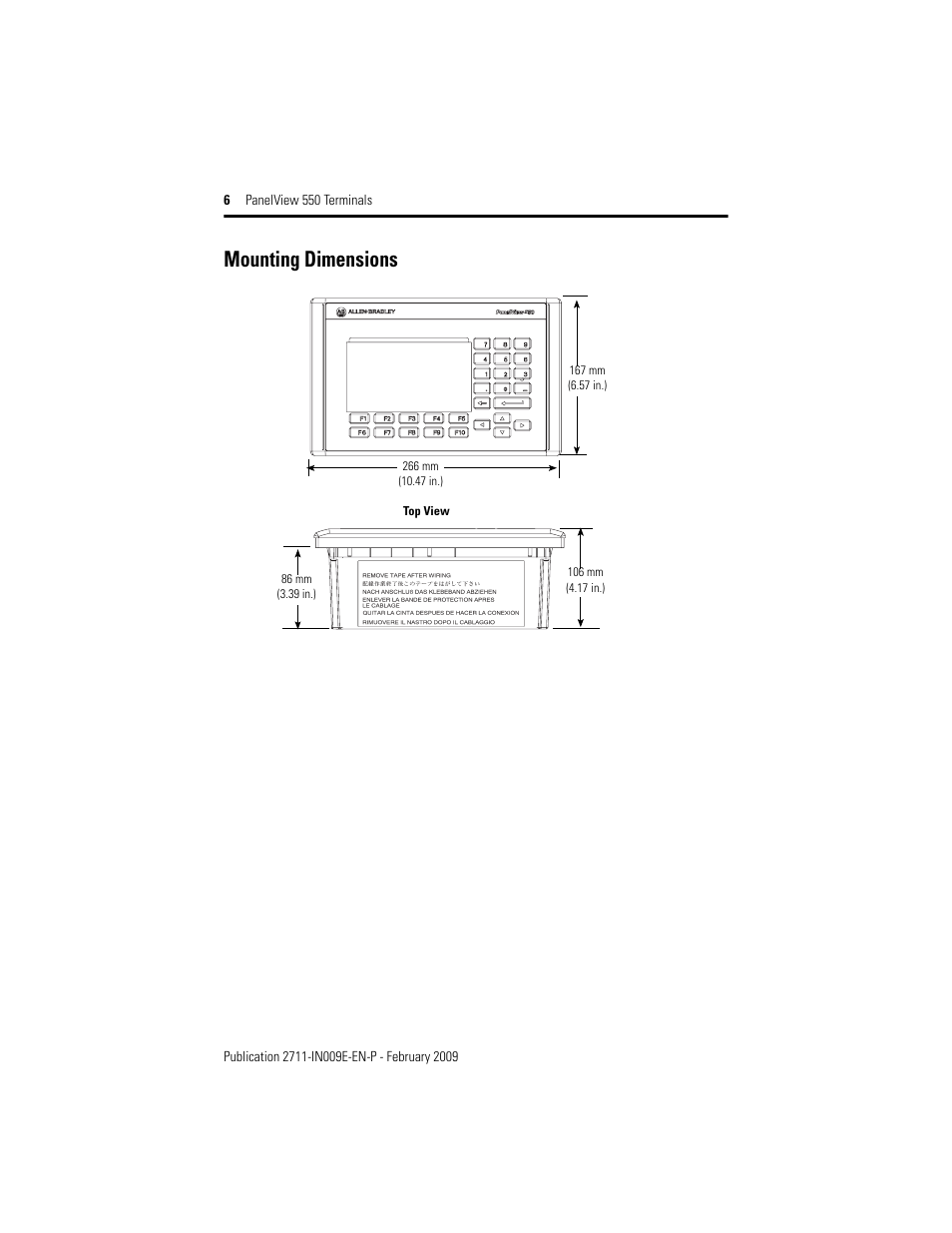 Mounting dimensions | Rockwell Automation 2711-K5Axx_B5Axx PanelView 550 Terminals Installation Instructions User Manual | Page 6 / 20
