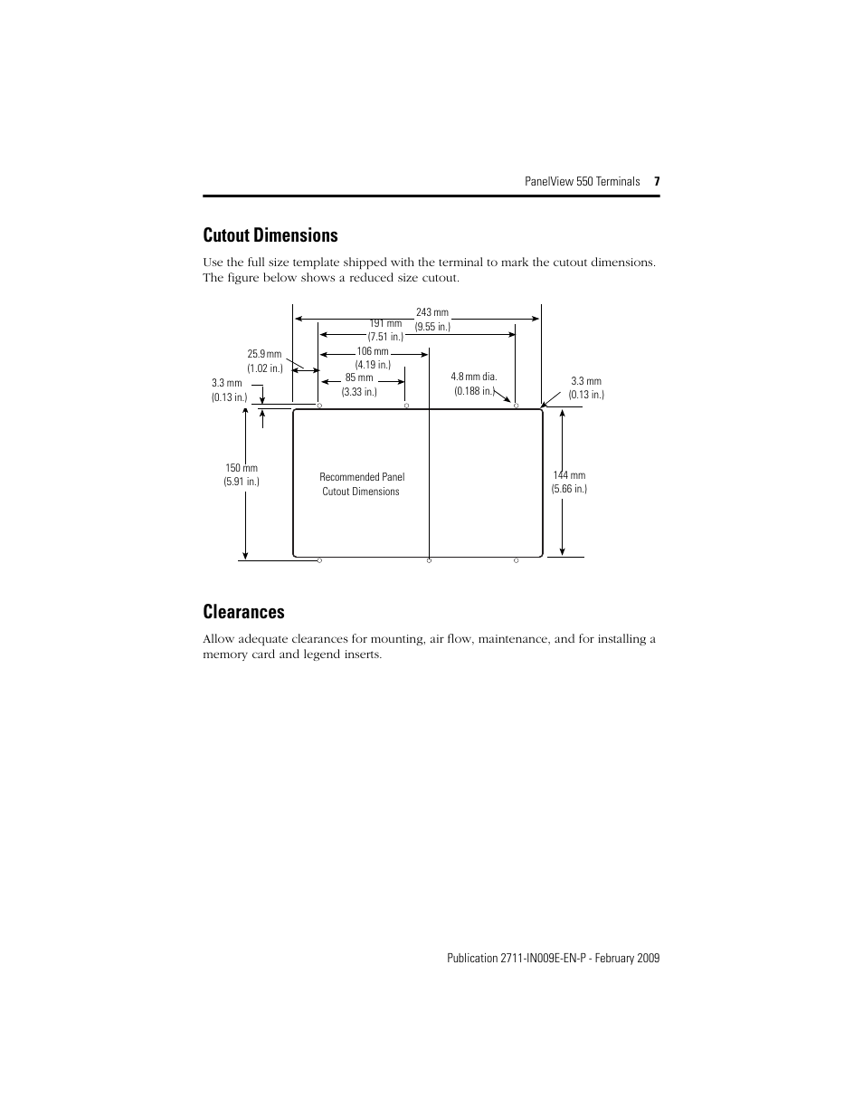 Clearances, Cutout dimensions | Rockwell Automation 2711-K5Axx_B5Axx PanelView 550 Terminals Installation Instructions User Manual | Page 7 / 20