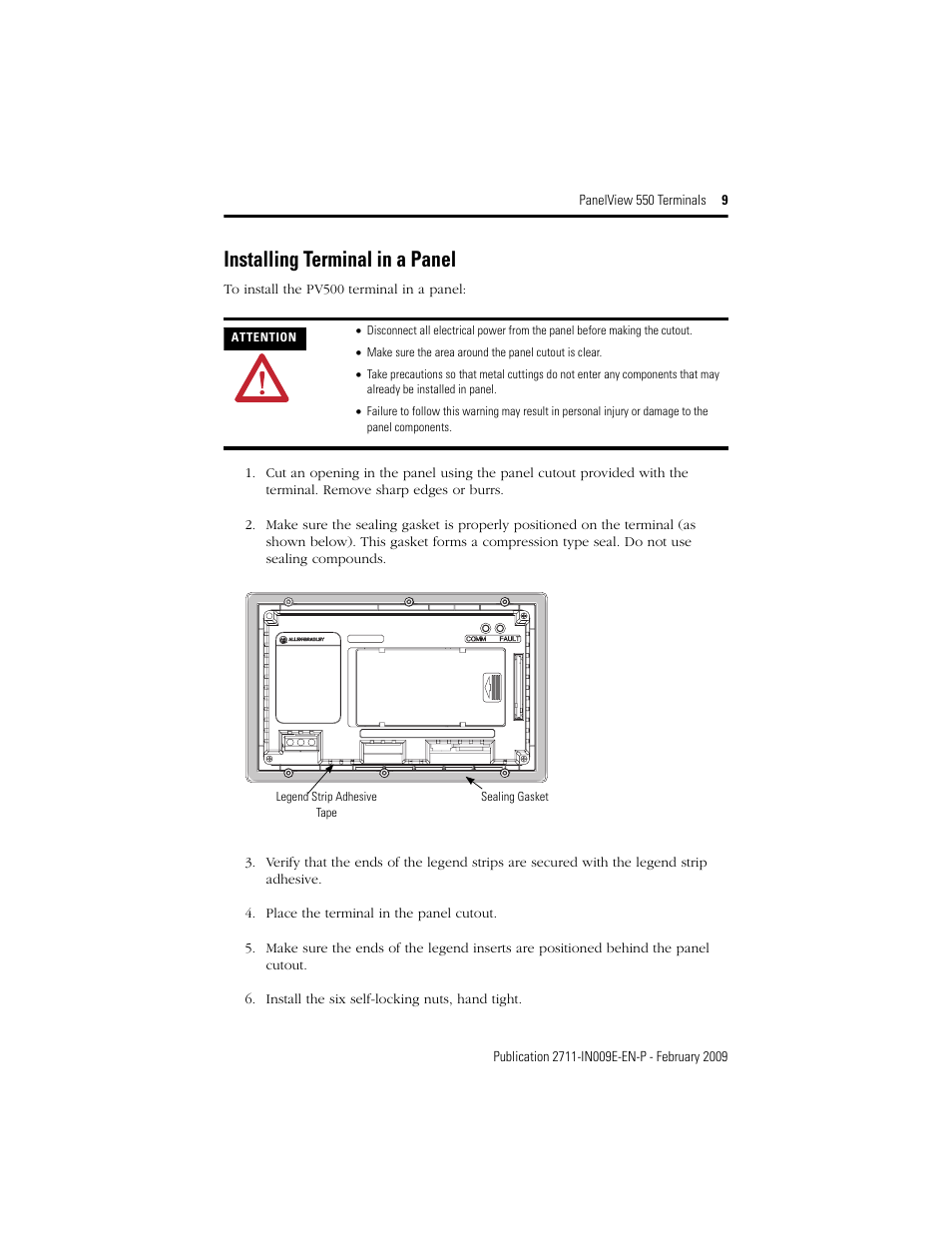 Installing terminal in a panel | Rockwell Automation 2711-K5Axx_B5Axx PanelView 550 Terminals Installation Instructions User Manual | Page 9 / 20