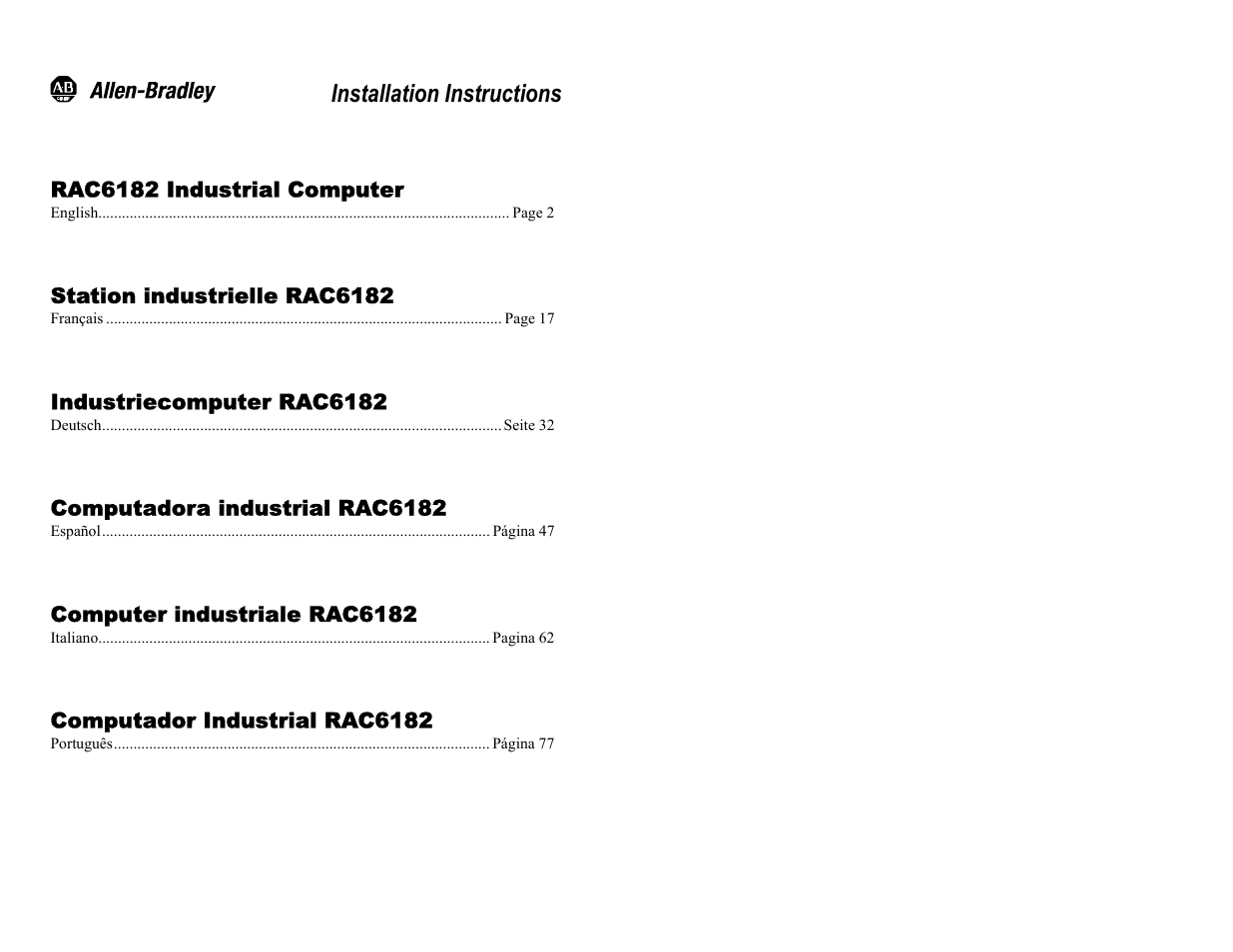 Rockwell Automation 6182 Industrial Computer Installation Instructions User Manual | 92 pages