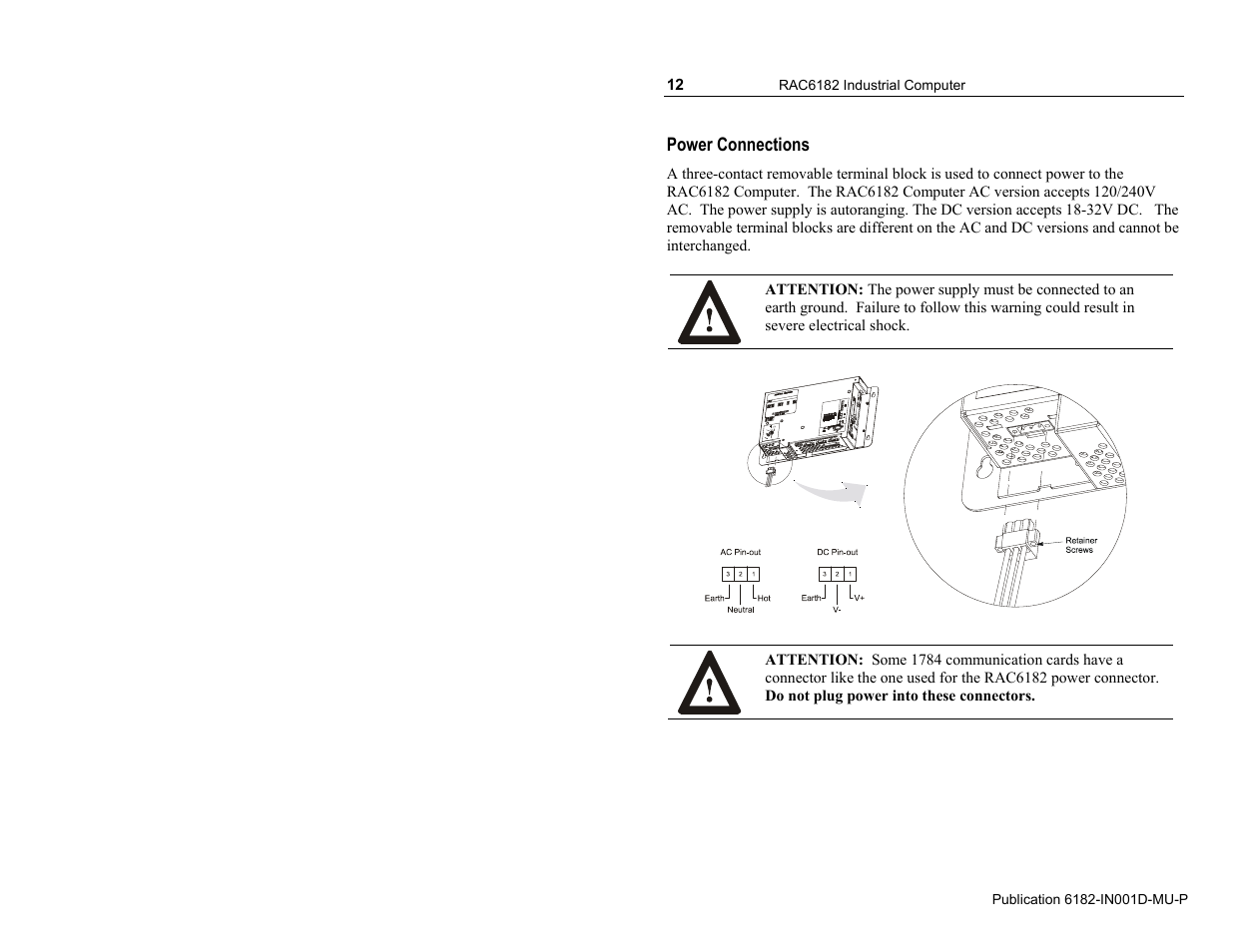 Power connections | Rockwell Automation 6182 Industrial Computer Installation Instructions User Manual | Page 12 / 92