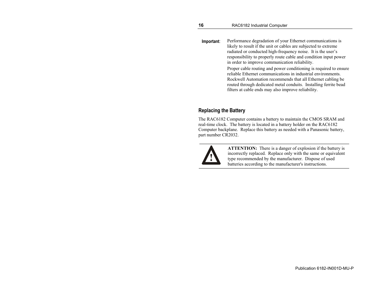 Replacing the battery | Rockwell Automation 6182 Industrial Computer Installation Instructions User Manual | Page 16 / 92