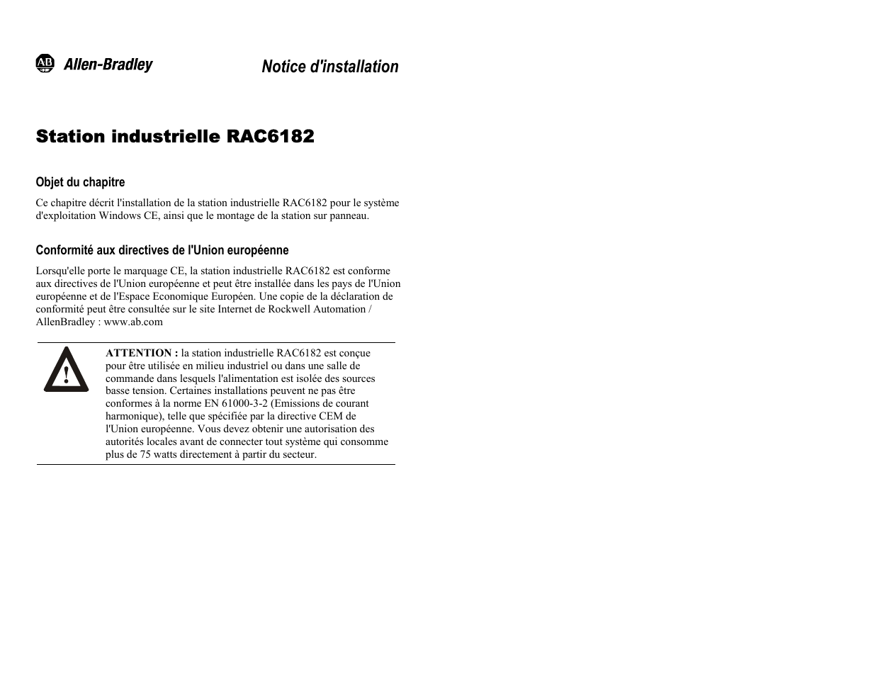 Station industrielle rac6182, Objet du chapitre, Notice d'installation | Rockwell Automation 6182 Industrial Computer Installation Instructions User Manual | Page 17 / 92