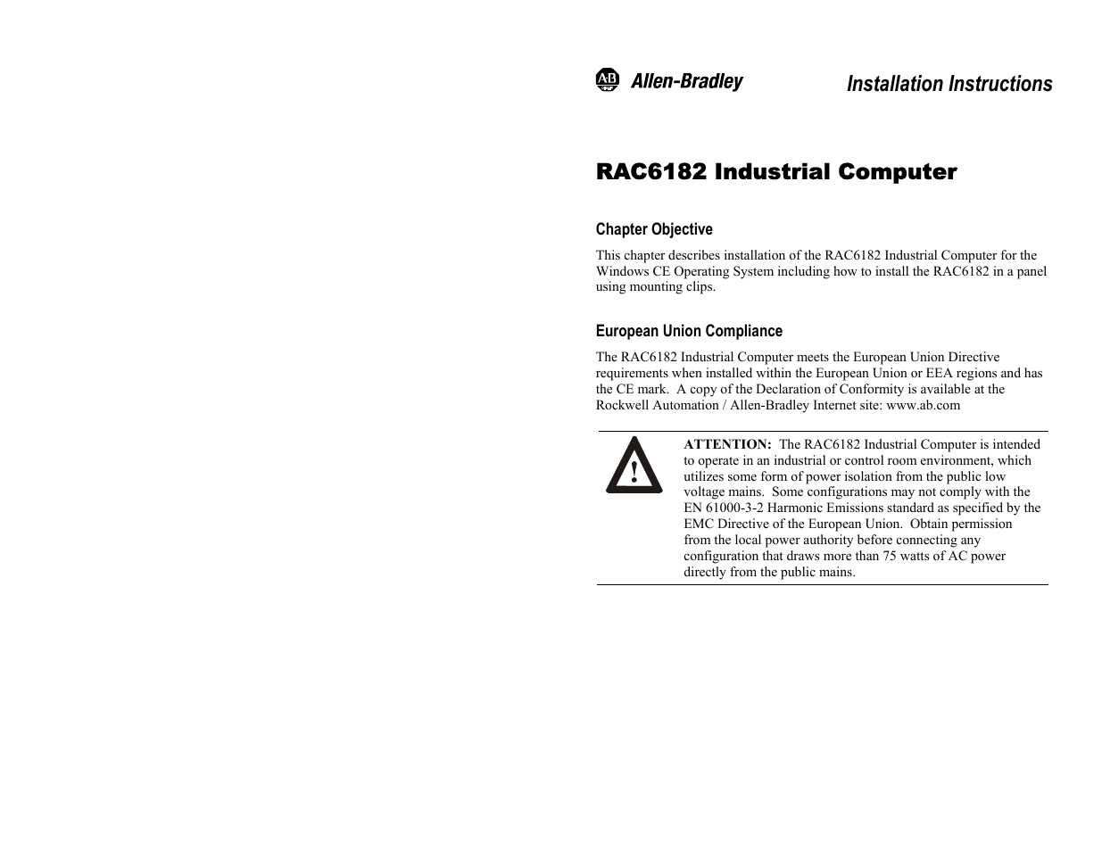 Rac6182 industrial computer, Chapter objective, Installation instructions | Rockwell Automation 6182 Industrial Computer Installation Instructions User Manual | Page 2 / 92