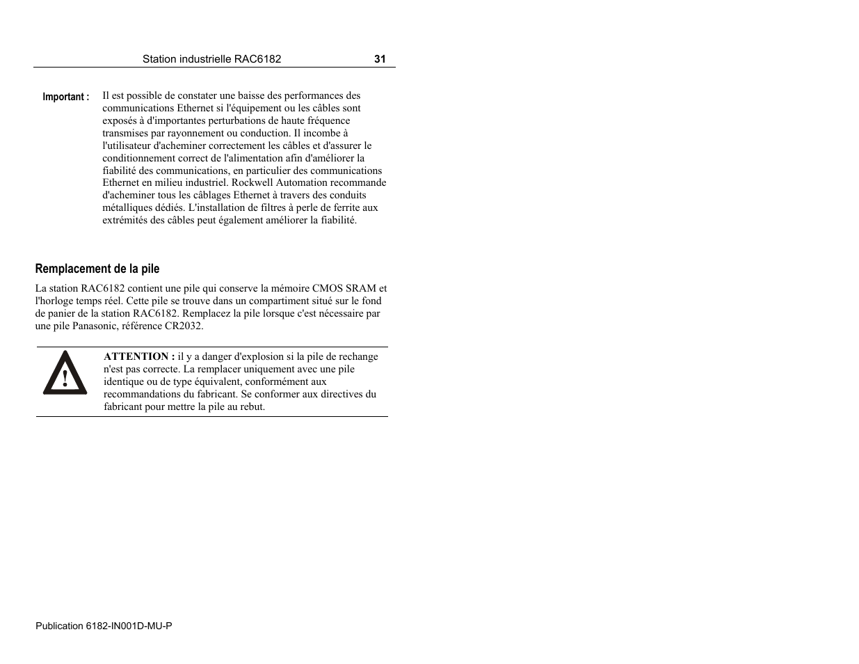 Remplacement de la pile | Rockwell Automation 6182 Industrial Computer Installation Instructions User Manual | Page 31 / 92