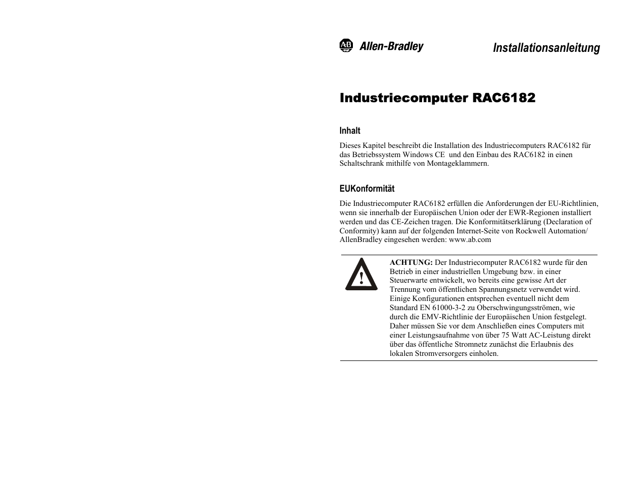 Industriecomputer rac6182, Inhalt, Installationsanleitung | Rockwell Automation 6182 Industrial Computer Installation Instructions User Manual | Page 32 / 92