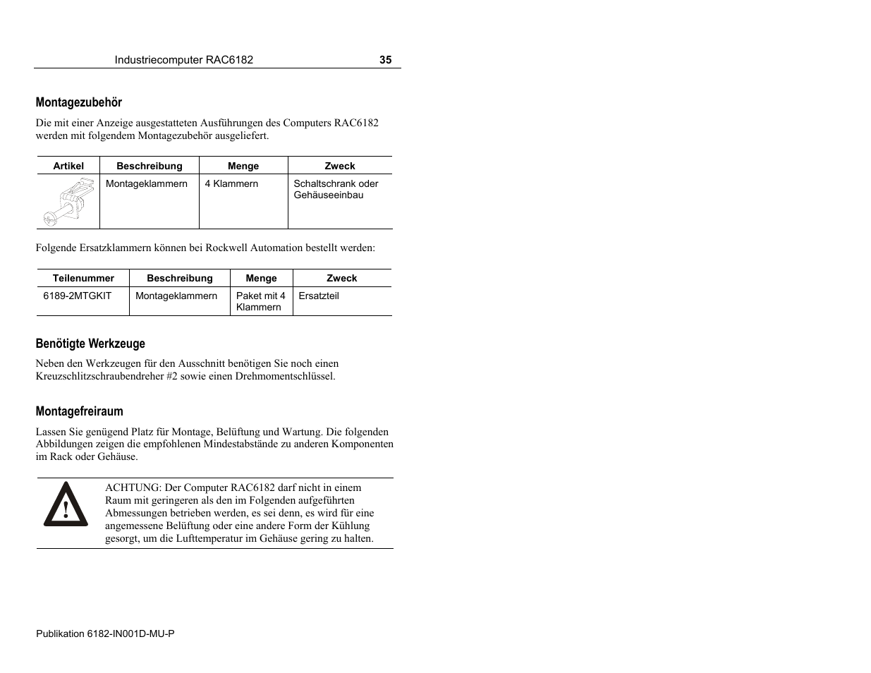 Montagezubehör | Rockwell Automation 6182 Industrial Computer Installation Instructions User Manual | Page 35 / 92