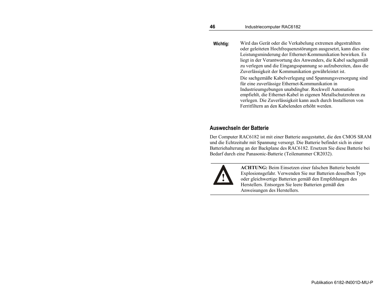 Auswechseln der batterie | Rockwell Automation 6182 Industrial Computer Installation Instructions User Manual | Page 46 / 92