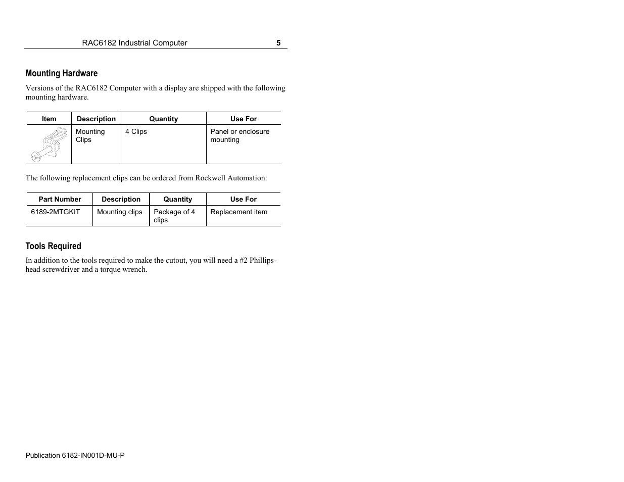 Mounting hardware | Rockwell Automation 6182 Industrial Computer Installation Instructions User Manual | Page 5 / 92