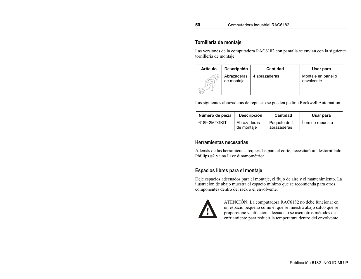 Tornillería de montaje | Rockwell Automation 6182 Industrial Computer Installation Instructions User Manual | Page 50 / 92
