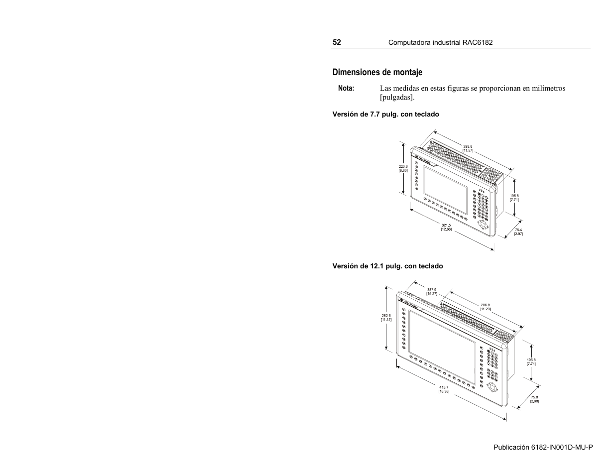 Dimensiones de montaje | Rockwell Automation 6182 Industrial Computer Installation Instructions User Manual | Page 52 / 92