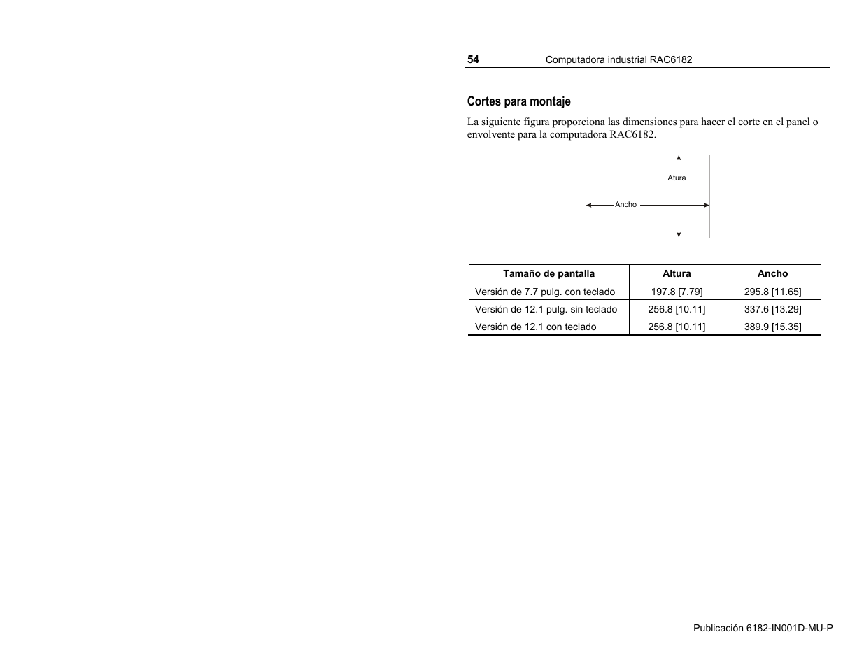 Cortes para montaje | Rockwell Automation 6182 Industrial Computer Installation Instructions User Manual | Page 54 / 92