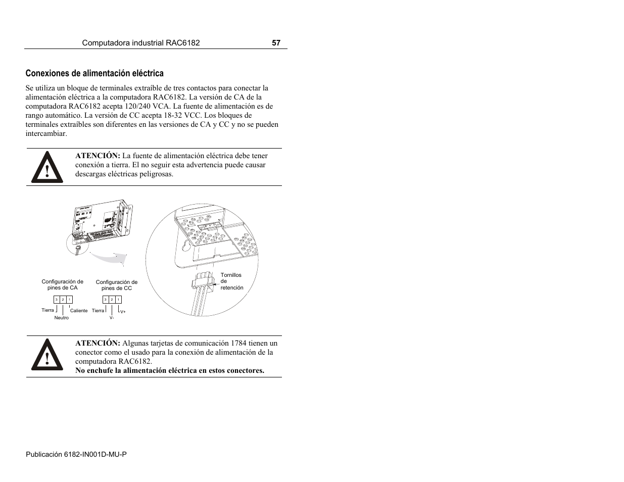 Conexiones de alimentación eléctrica | Rockwell Automation 6182 Industrial Computer Installation Instructions User Manual | Page 57 / 92