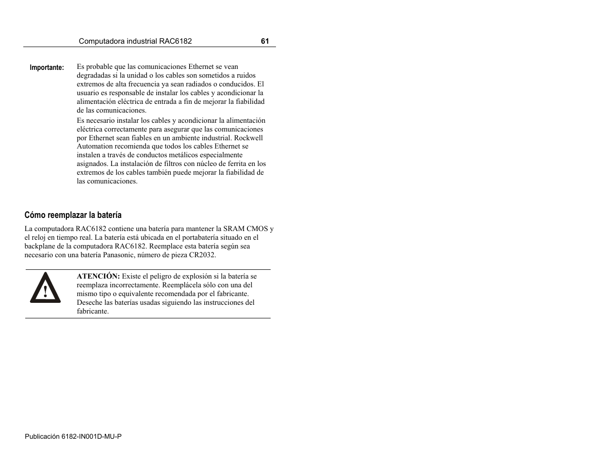 Cómo reemplazar la batería | Rockwell Automation 6182 Industrial Computer Installation Instructions User Manual | Page 61 / 92