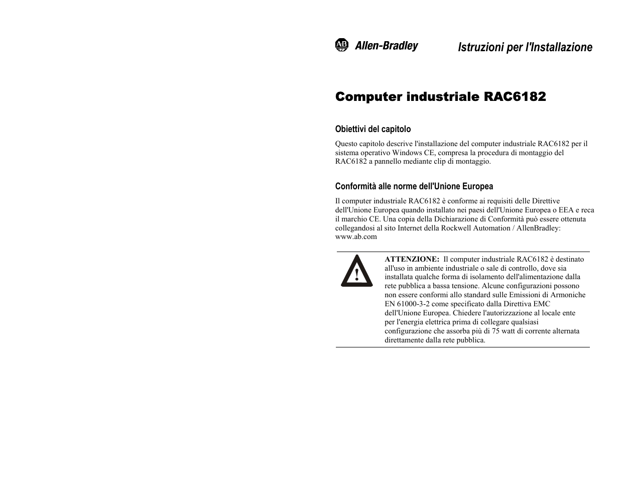 Computer industriale rac6182, Obiettivi del capitolo, Istruzioni per l'installazione | Rockwell Automation 6182 Industrial Computer Installation Instructions User Manual | Page 62 / 92