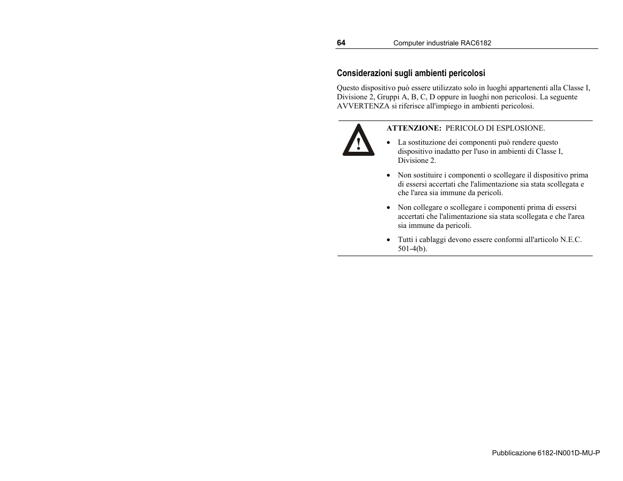 Considerazioni sugli ambienti pericolosi | Rockwell Automation 6182 Industrial Computer Installation Instructions User Manual | Page 64 / 92