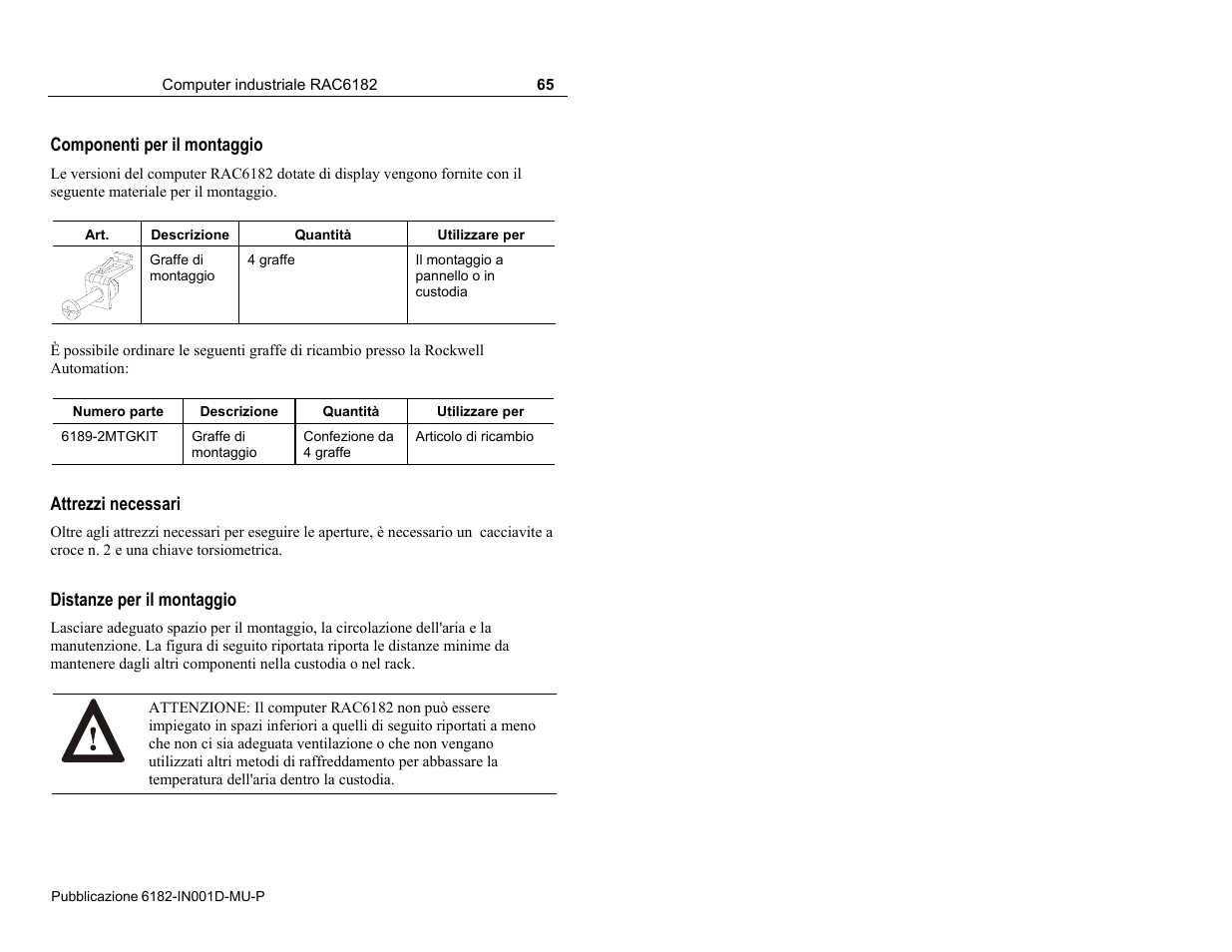 Componenti per il montaggio | Rockwell Automation 6182 Industrial Computer Installation Instructions User Manual | Page 65 / 92