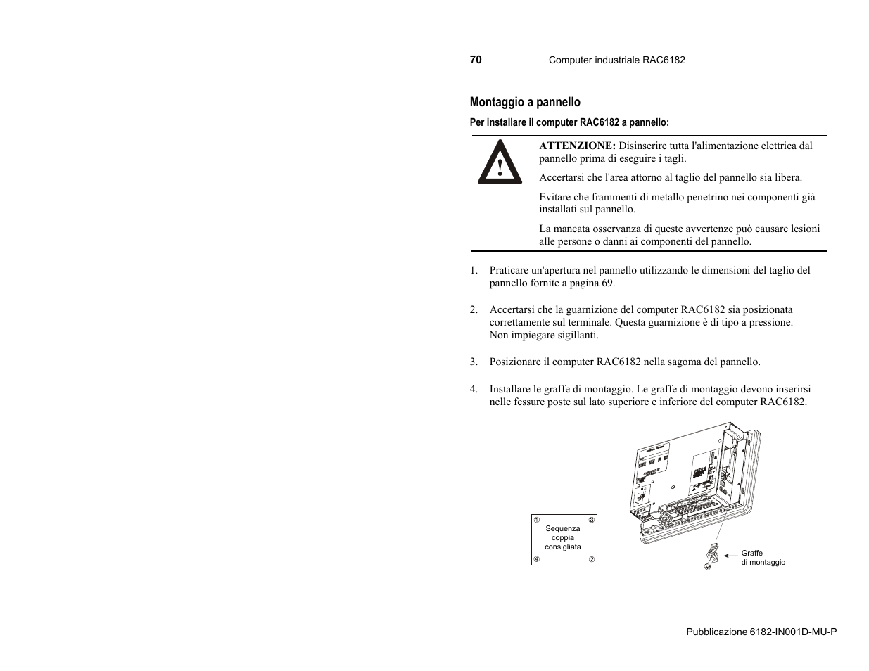 Montaggio a pannello | Rockwell Automation 6182 Industrial Computer Installation Instructions User Manual | Page 70 / 92