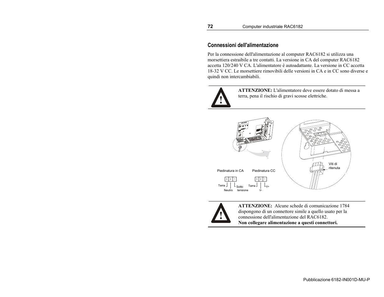 Connessioni dell'alimentazione | Rockwell Automation 6182 Industrial Computer Installation Instructions User Manual | Page 72 / 92