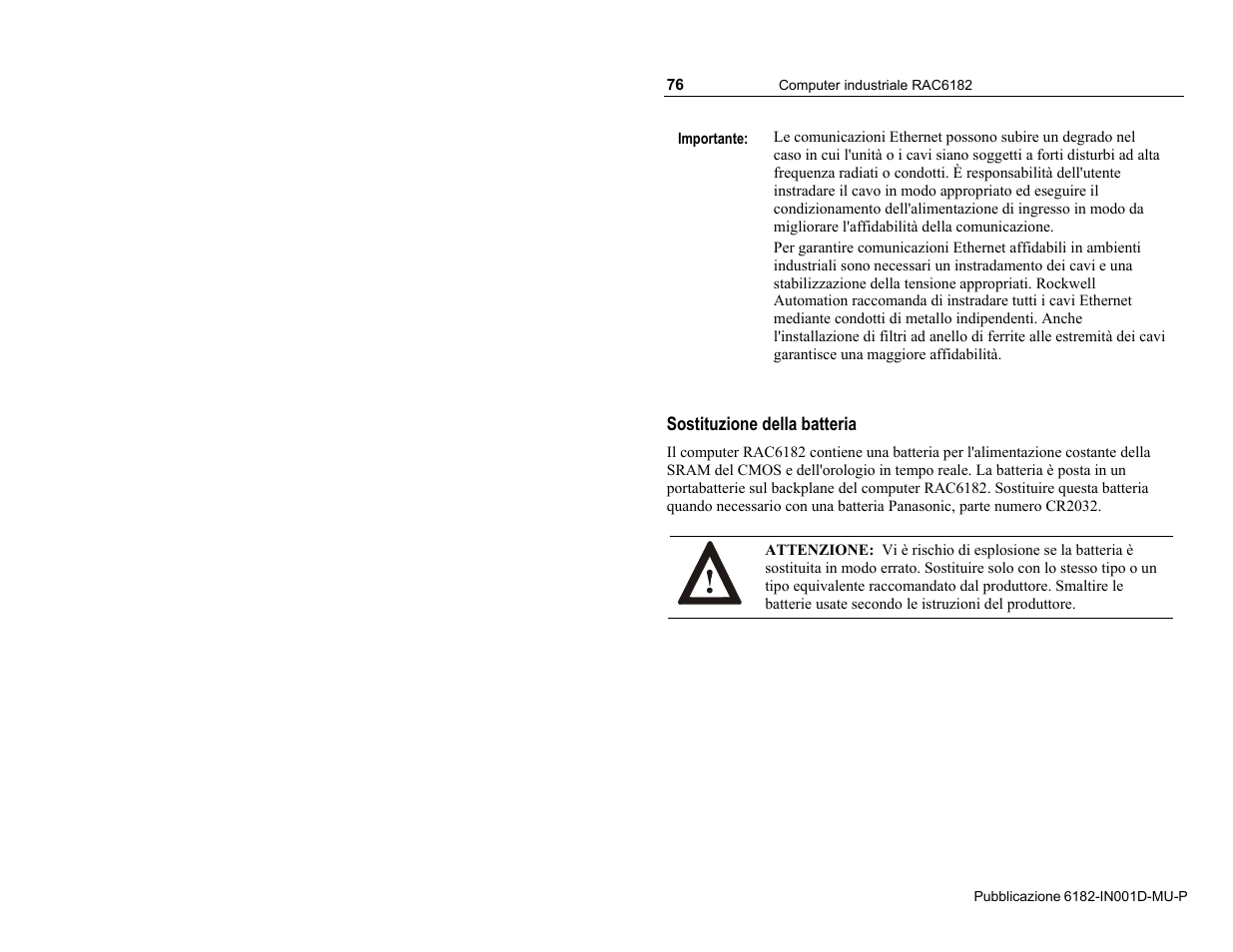 Sostituzione della batteria | Rockwell Automation 6182 Industrial Computer Installation Instructions User Manual | Page 76 / 92