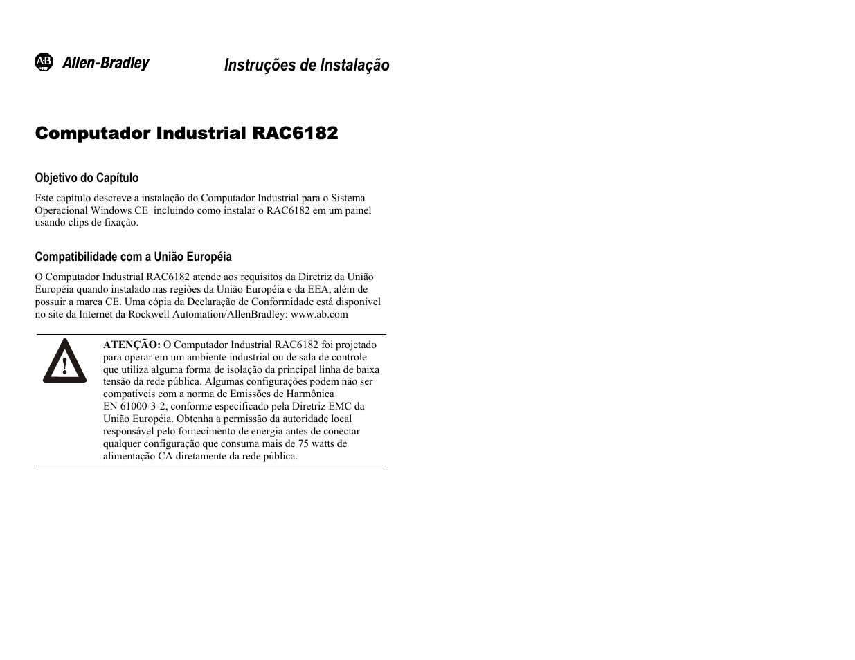 Computador industrial rac6182, Objetivo do capítulo, Instruções de instalação | Rockwell Automation 6182 Industrial Computer Installation Instructions User Manual | Page 77 / 92