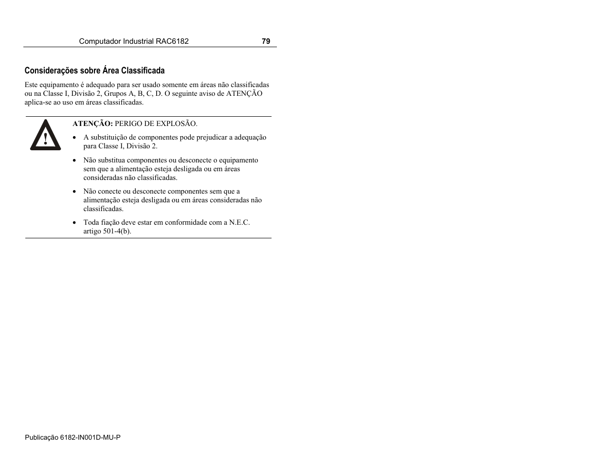 Considerações sobre área classificada | Rockwell Automation 6182 Industrial Computer Installation Instructions User Manual | Page 79 / 92