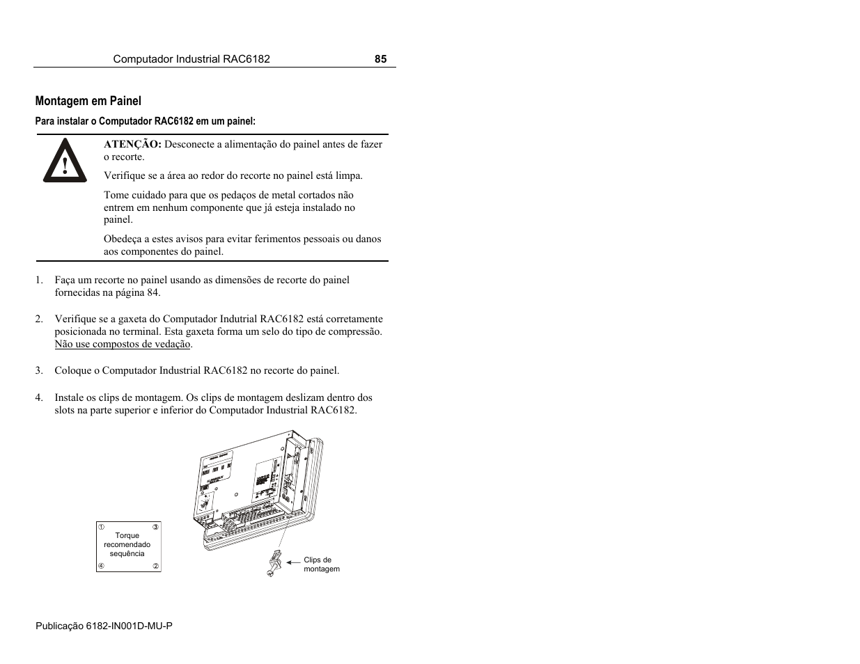 Montagem em painel | Rockwell Automation 6182 Industrial Computer Installation Instructions User Manual | Page 85 / 92