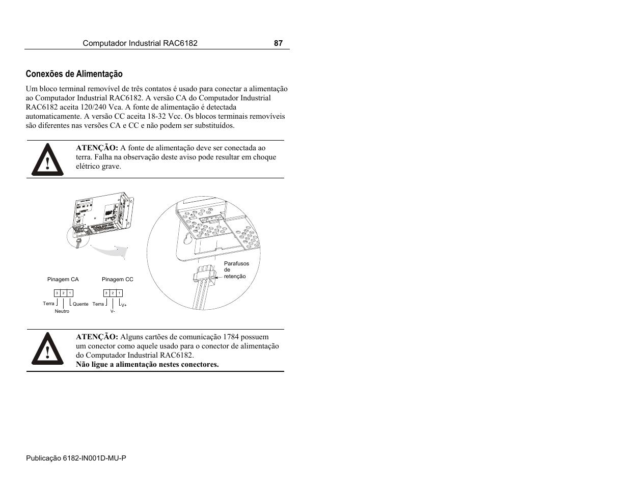 Conexões de alimentação | Rockwell Automation 6182 Industrial Computer Installation Instructions User Manual | Page 87 / 92