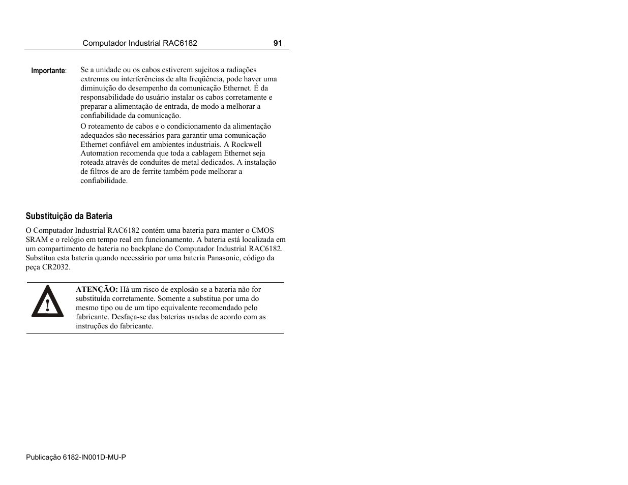 Substituição da bateria | Rockwell Automation 6182 Industrial Computer Installation Instructions User Manual | Page 91 / 92