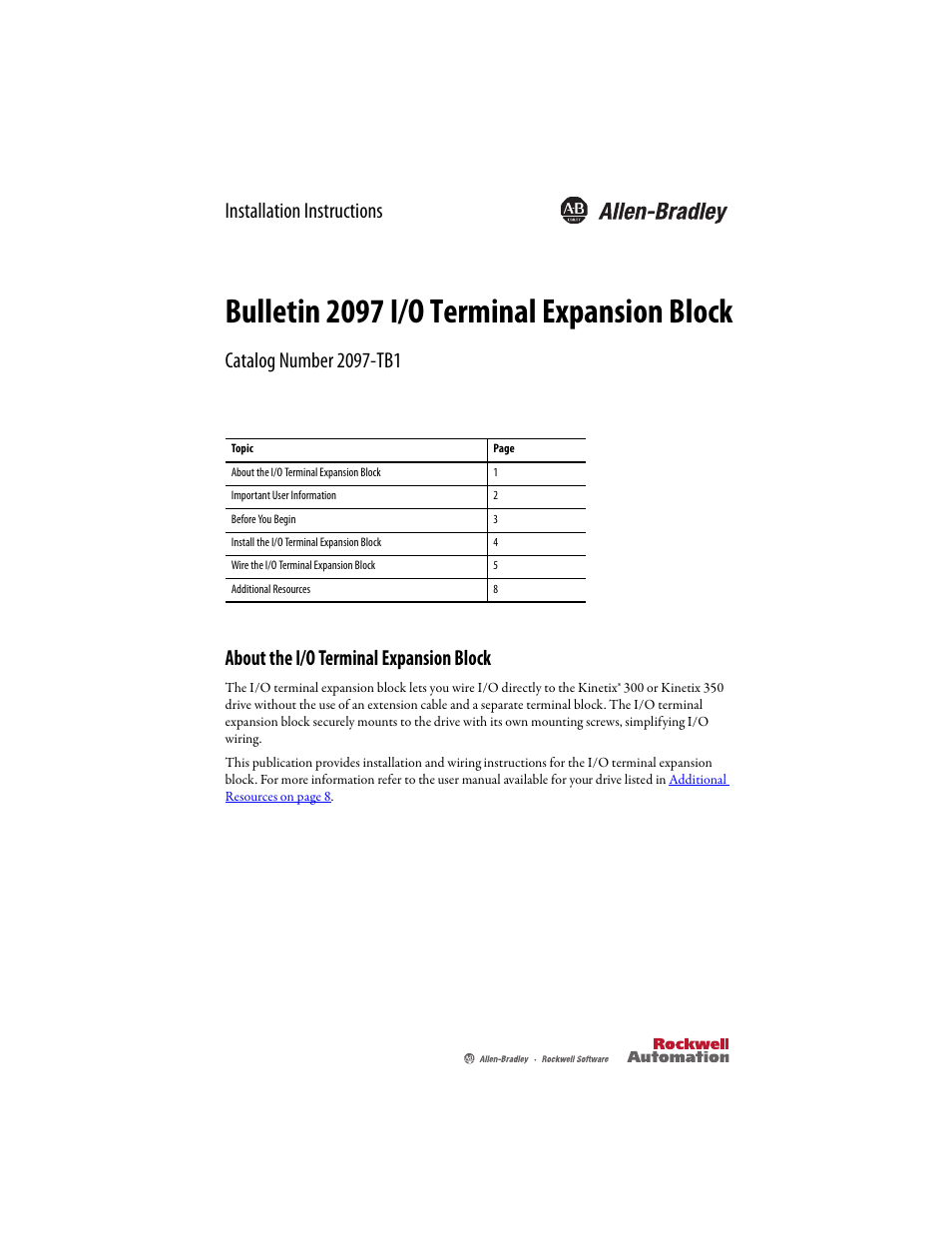 Rockwell Automation 2097-TB1 I/O Terminal Expansion Block Installation Instructions User Manual | 8 pages