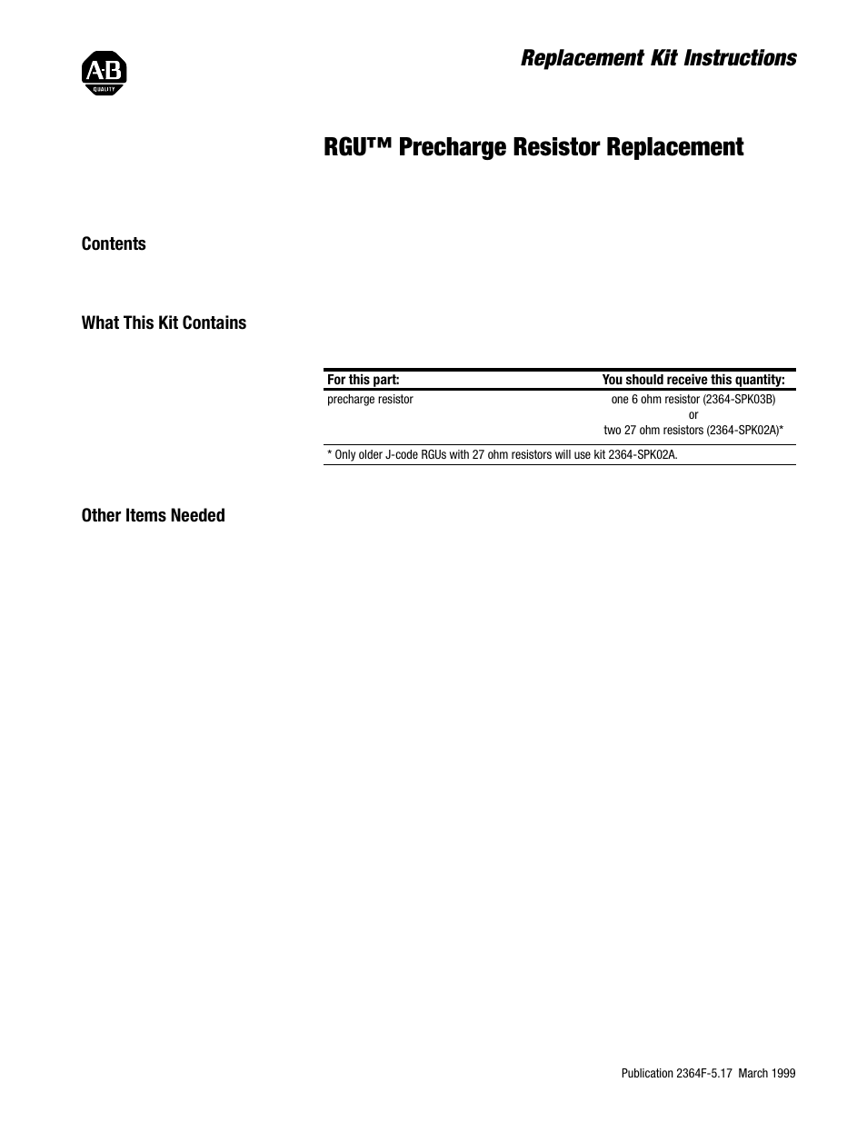 Rockwell Automation 2364F RGU Precharge Resistor Replacement User Manual | 4 pages