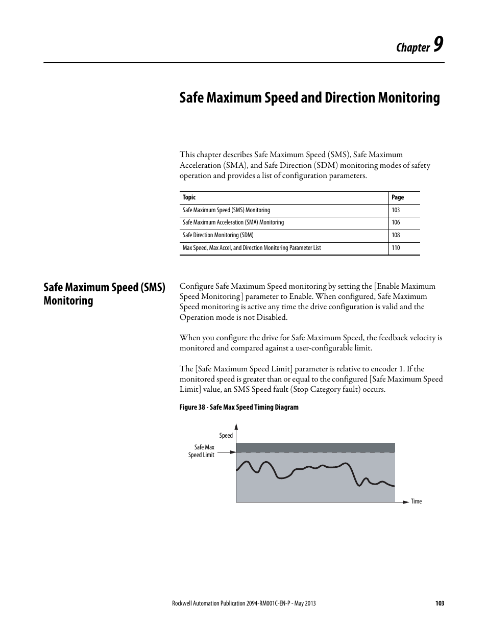 Ch 9 - safe maximum speed and direction monitoring, Safe maximum speed (sms) monitoring, Chapter 9 | Safe maximum speed and direction monitoring, Chapter | Rockwell Automation 2094-EN02D-M01-S1 Kinetix 6200 and Kinetix 6500 Safe Speed Monitoring Safety Reference Manual User Manual | Page 103 / 156