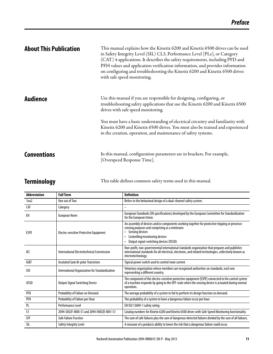 Preface, About this publication, Audience | Conventions, Terminology, Preface about this publication | Rockwell Automation 2094-EN02D-M01-S1 Kinetix 6200 and Kinetix 6500 Safe Speed Monitoring Safety Reference Manual User Manual | Page 11 / 156