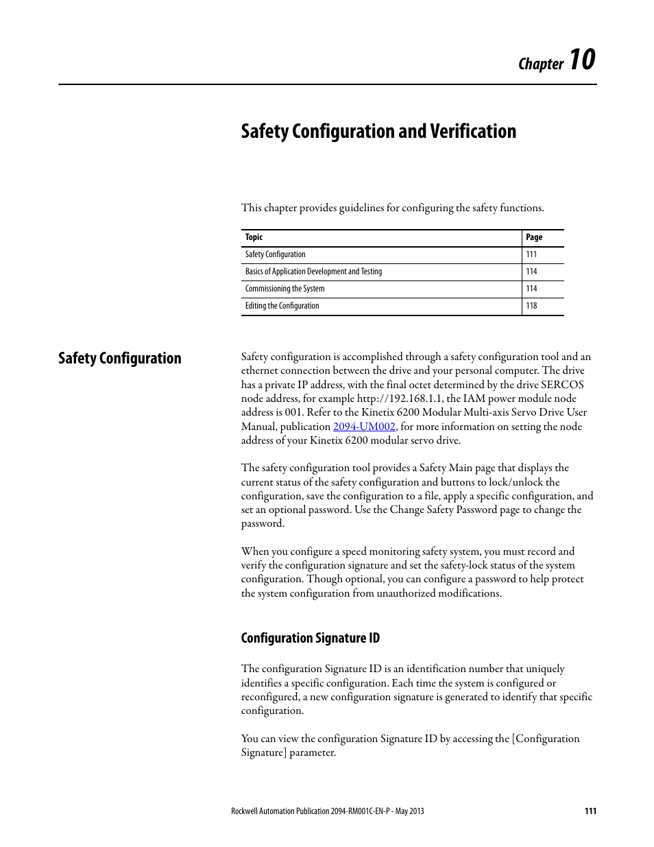 Ch 10 - safety configuration and verification, Safety configuration, Configuration signature id | Chapter 10, Safety configuration and verification, For mor, Chapter | Rockwell Automation 2094-EN02D-M01-S1 Kinetix 6200 and Kinetix 6500 Safe Speed Monitoring Safety Reference Manual User Manual | Page 111 / 156