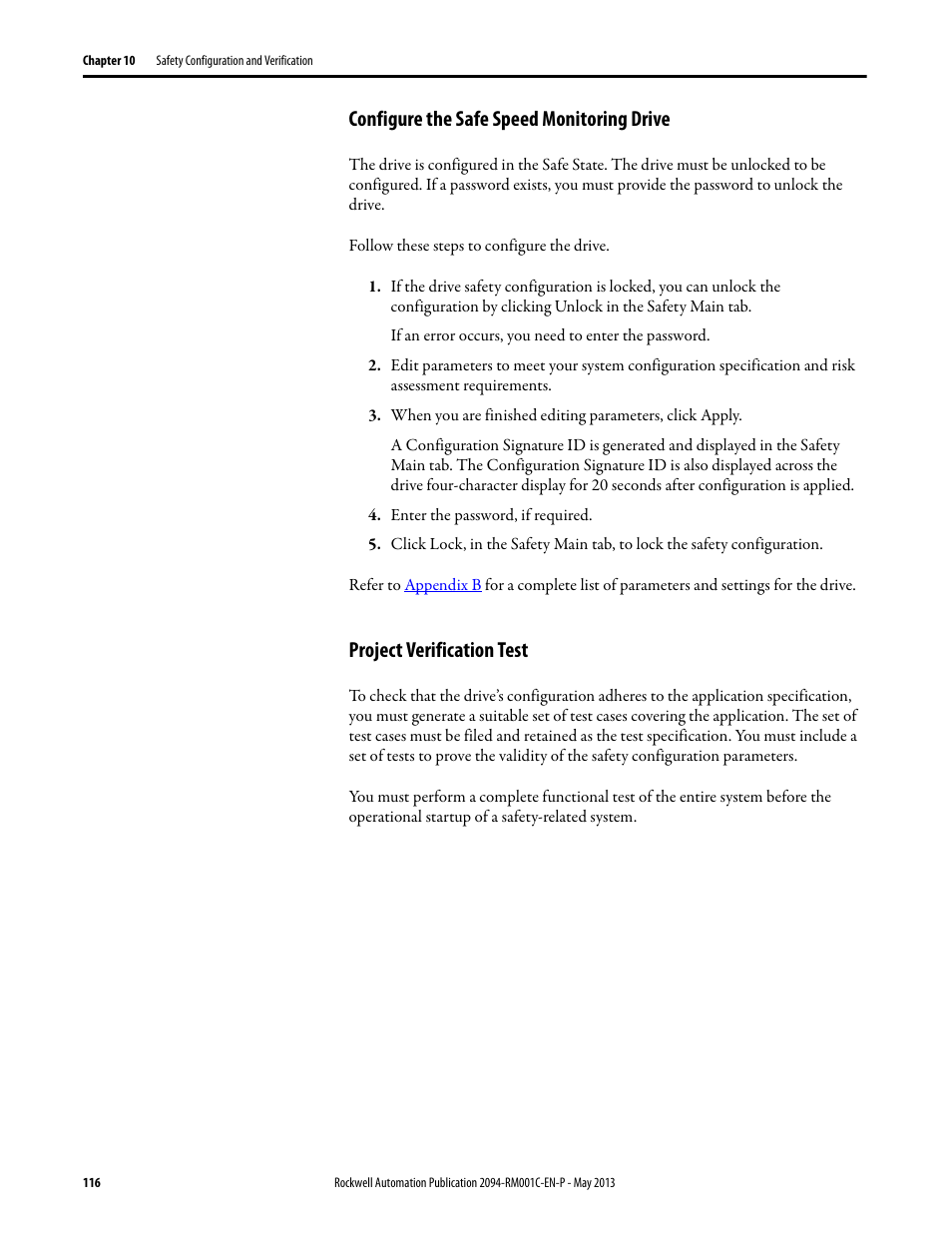 Configure the safe speed monitoring drive, Project verification test | Rockwell Automation 2094-EN02D-M01-S1 Kinetix 6200 and Kinetix 6500 Safe Speed Monitoring Safety Reference Manual User Manual | Page 116 / 156