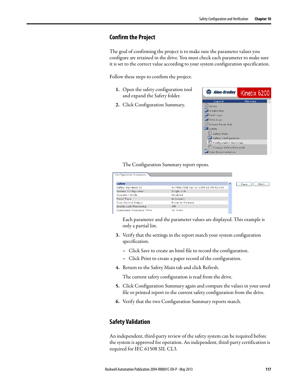 Confirm the project, Safety validation, Confirm the project safety validation | Rockwell Automation 2094-EN02D-M01-S1 Kinetix 6200 and Kinetix 6500 Safe Speed Monitoring Safety Reference Manual User Manual | Page 117 / 156