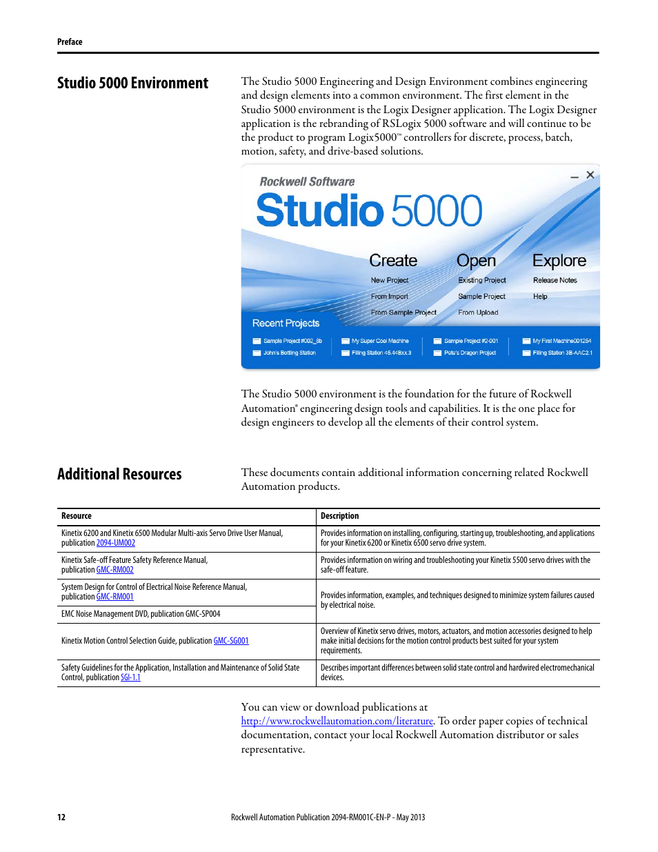 Studio 5000 environment, Additional resources, Studio 5000 environment additional resources | Rockwell Automation 2094-EN02D-M01-S1 Kinetix 6200 and Kinetix 6500 Safe Speed Monitoring Safety Reference Manual User Manual | Page 12 / 156