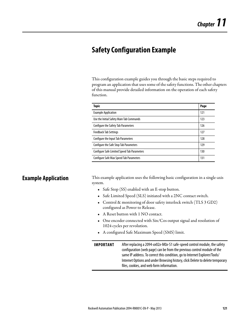 Ch 11 - safety configuration example, Example application, Chapter 11 | Safety configuration example, Chapter | Rockwell Automation 2094-EN02D-M01-S1 Kinetix 6200 and Kinetix 6500 Safe Speed Monitoring Safety Reference Manual User Manual | Page 121 / 156