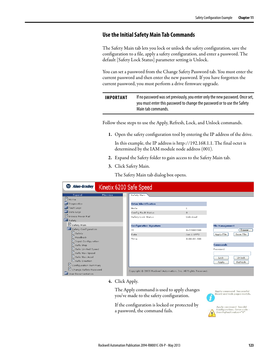 Use the initial safety main tab commands | Rockwell Automation 2094-EN02D-M01-S1 Kinetix 6200 and Kinetix 6500 Safe Speed Monitoring Safety Reference Manual User Manual | Page 123 / 156