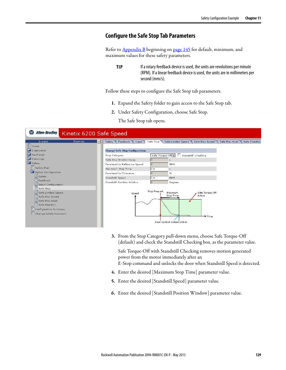 Configure the safe stop tab parameters | Rockwell Automation 2094-EN02D-M01-S1 Kinetix 6200 and Kinetix 6500 Safe Speed Monitoring Safety Reference Manual User Manual | Page 129 / 156