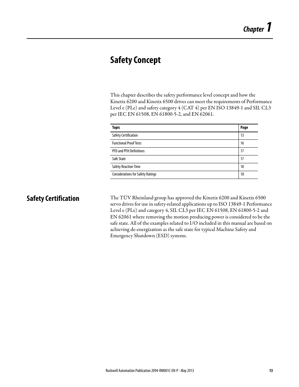 Ch 1 - safety concept, Safety certification, 13 a | Chapter 1, Safety concept, Chapter | Rockwell Automation 2094-EN02D-M01-S1 Kinetix 6200 and Kinetix 6500 Safe Speed Monitoring Safety Reference Manual User Manual | Page 13 / 156