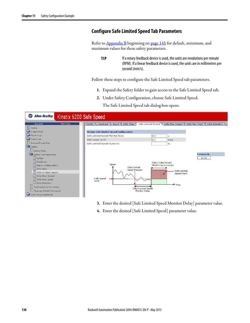Configure safe limited speed tab parameters | Rockwell Automation 2094-EN02D-M01-S1 Kinetix 6200 and Kinetix 6500 Safe Speed Monitoring Safety Reference Manual User Manual | Page 130 / 156
