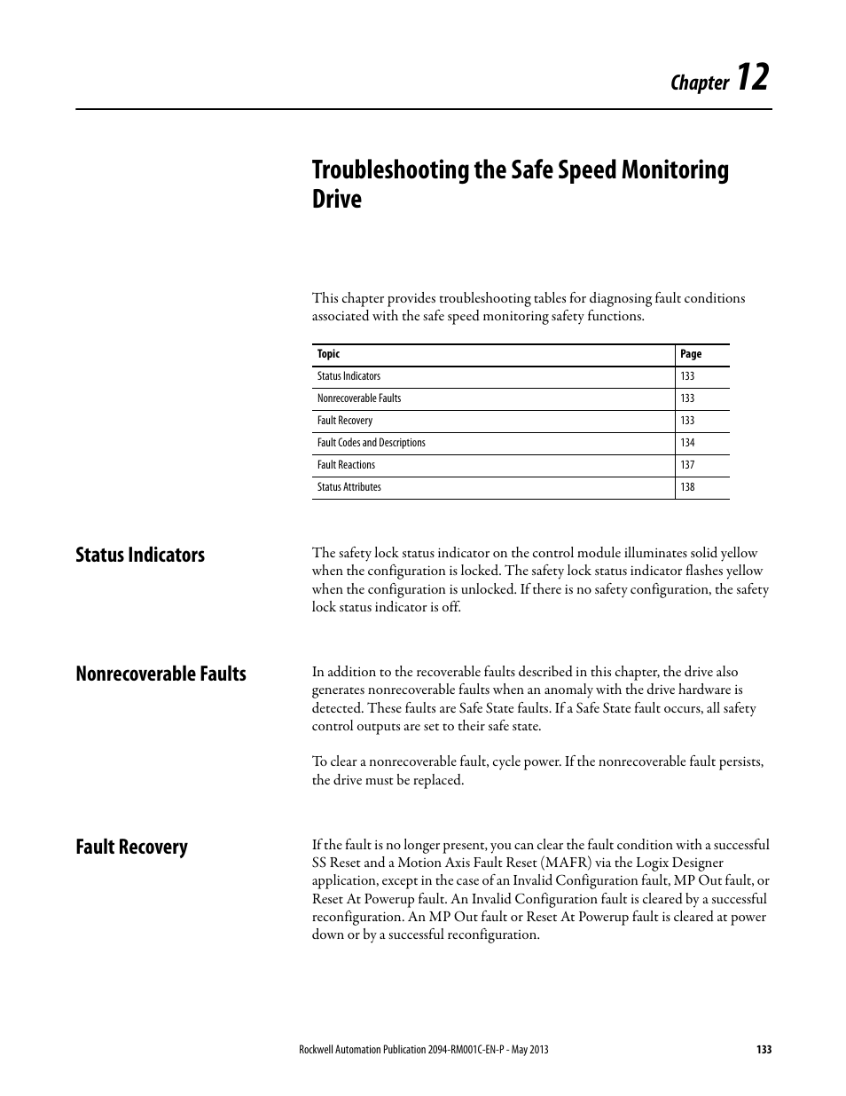 Status indicators, Nonrecoverable faults, Fault recovery | Chapter 12, Troubleshooting the safe speed monitoring drive, Troubleshooting the safe speed, Monitoring drive, Chapter | Rockwell Automation 2094-EN02D-M01-S1 Kinetix 6200 and Kinetix 6500 Safe Speed Monitoring Safety Reference Manual User Manual | Page 133 / 156