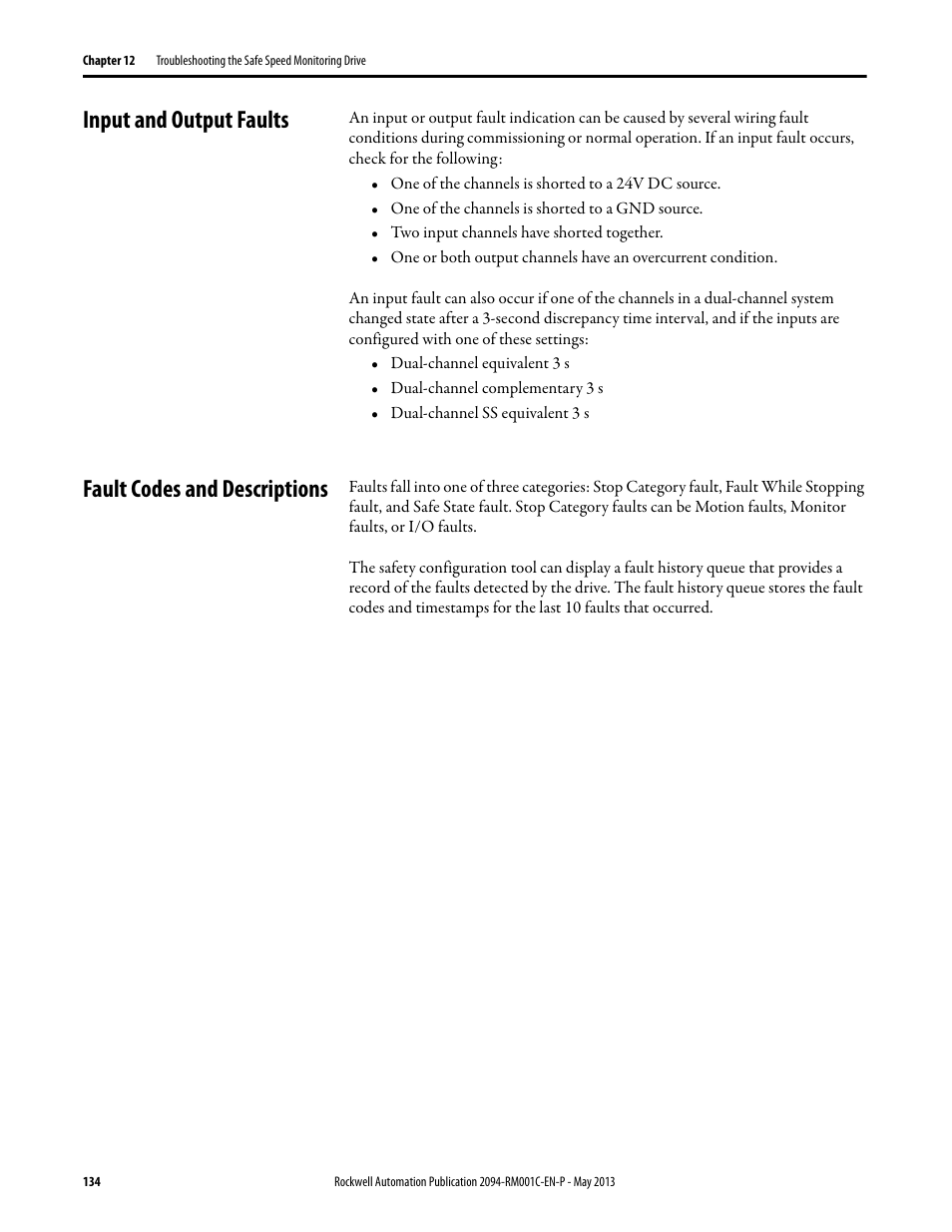 Input and output faults, Fault codes and descriptions | Rockwell Automation 2094-EN02D-M01-S1 Kinetix 6200 and Kinetix 6500 Safe Speed Monitoring Safety Reference Manual User Manual | Page 134 / 156
