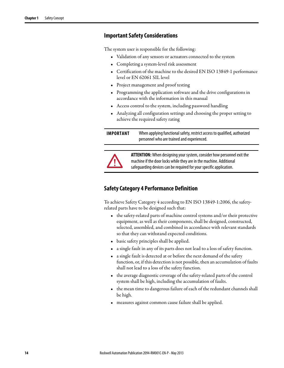Important safety considerations, Safety category 4 performance definition, Nd 14 | Rockwell Automation 2094-EN02D-M01-S1 Kinetix 6200 and Kinetix 6500 Safe Speed Monitoring Safety Reference Manual User Manual | Page 14 / 156