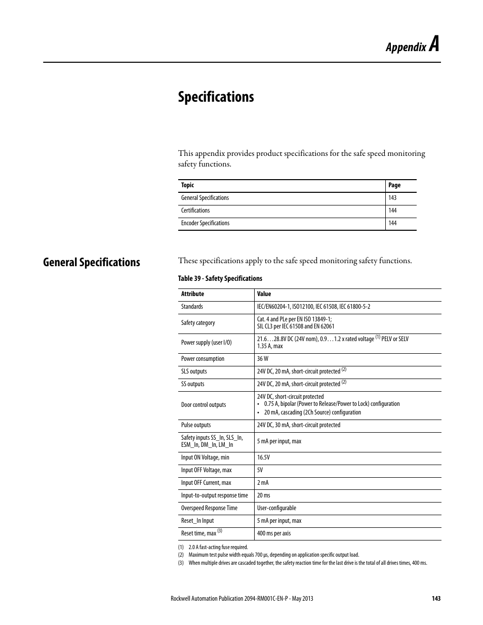 App a - specifications, General specifications, Appendix a | Specifications, Appendix | Rockwell Automation 2094-EN02D-M01-S1 Kinetix 6200 and Kinetix 6500 Safe Speed Monitoring Safety Reference Manual User Manual | Page 143 / 156