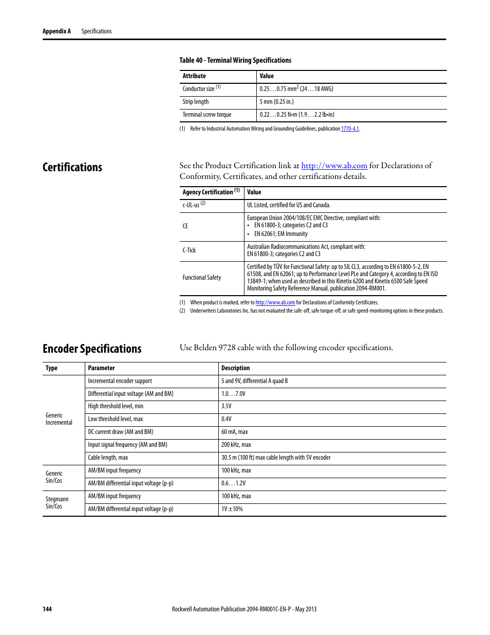 Certifications, Encoder specifications, General specifications certifications | Rockwell Automation 2094-EN02D-M01-S1 Kinetix 6200 and Kinetix 6500 Safe Speed Monitoring Safety Reference Manual User Manual | Page 144 / 156