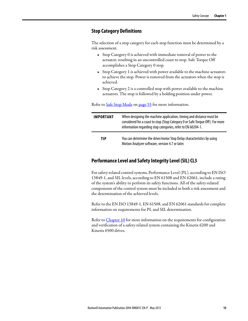 Stop category definitions | Rockwell Automation 2094-EN02D-M01-S1 Kinetix 6200 and Kinetix 6500 Safe Speed Monitoring Safety Reference Manual User Manual | Page 15 / 156