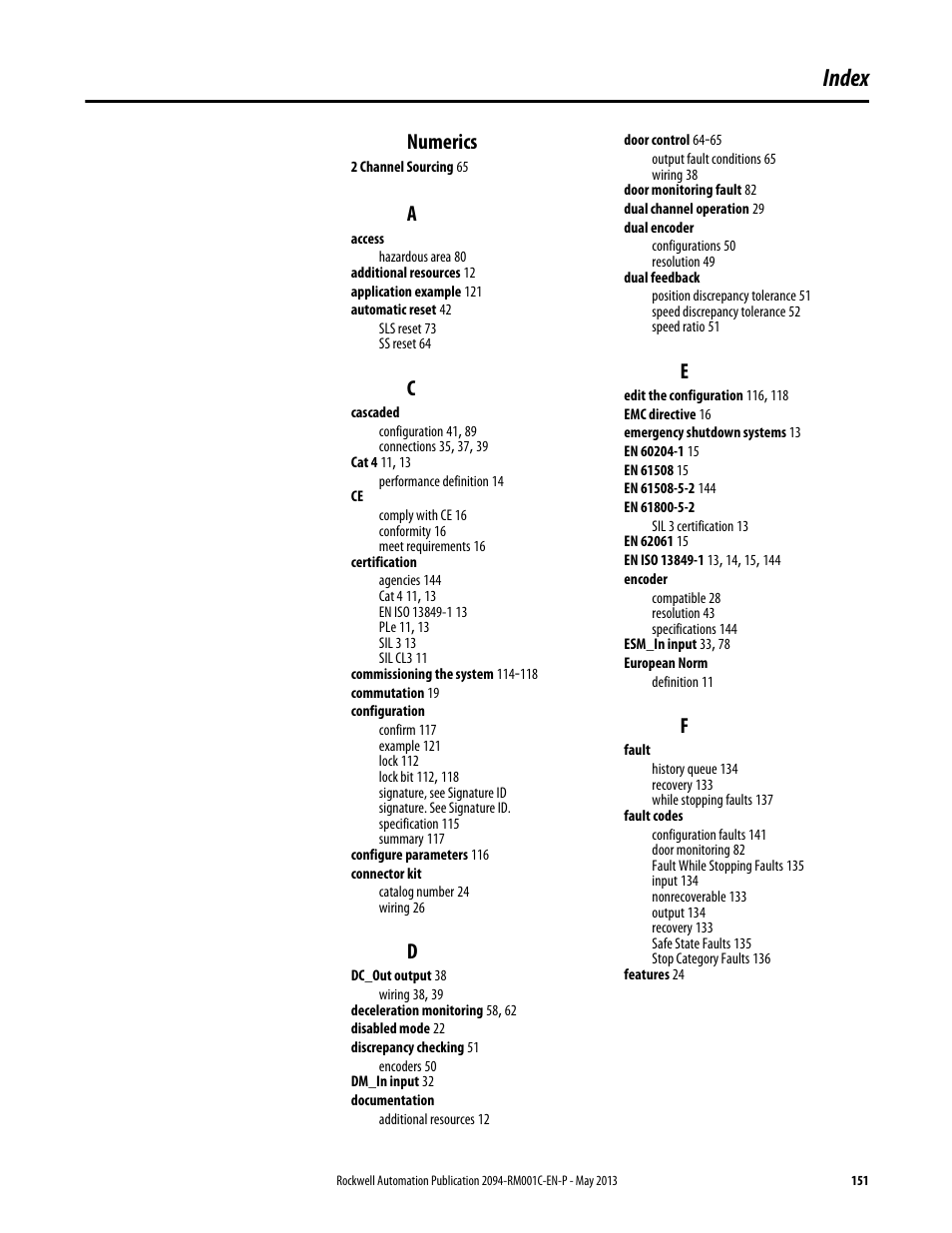 Index, Numerics | Rockwell Automation 2094-EN02D-M01-S1 Kinetix 6200 and Kinetix 6500 Safe Speed Monitoring Safety Reference Manual User Manual | Page 151 / 156